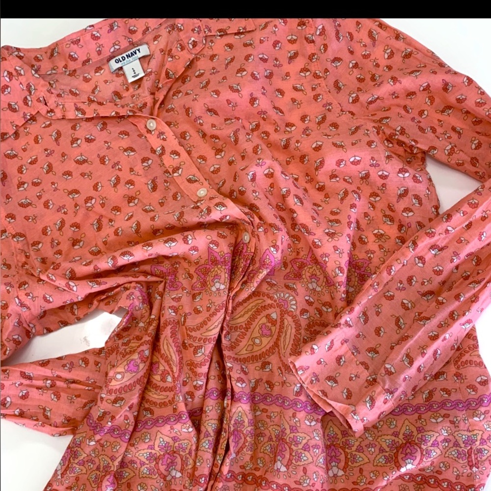 Vibrant Mellon Orange & Pink Sheer Cotton Paisley Floral Blouse